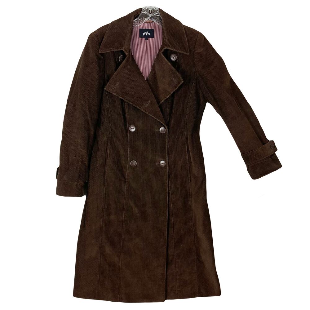 PER UNA Coat Jacket UK14/US 10 Corduroy Brown Long Double-Breasted Button Pocket